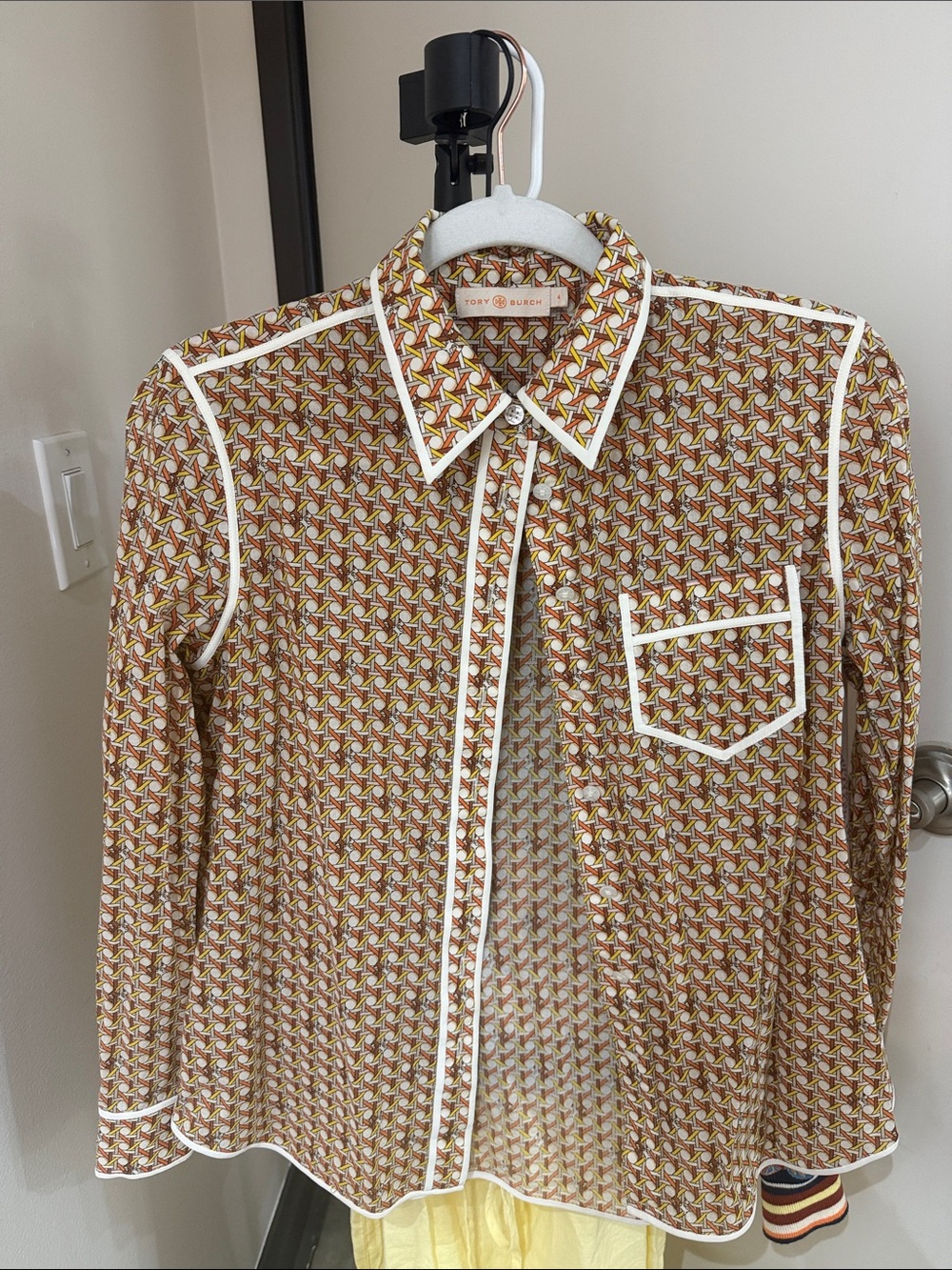 Tory Burch Geometric Print Button-Up Shirt — Brown, Yellow, Coral, Cream